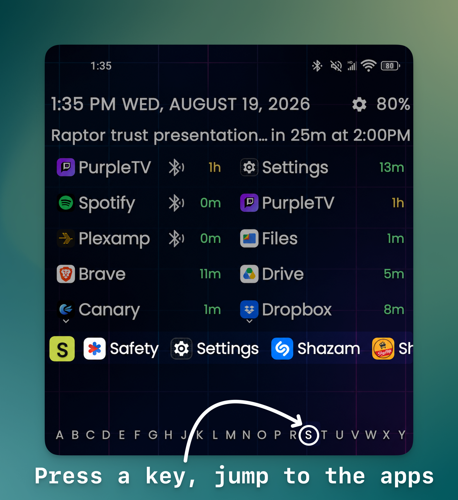 Tighten Launcher app drawer with hardware-key alphabet jump
